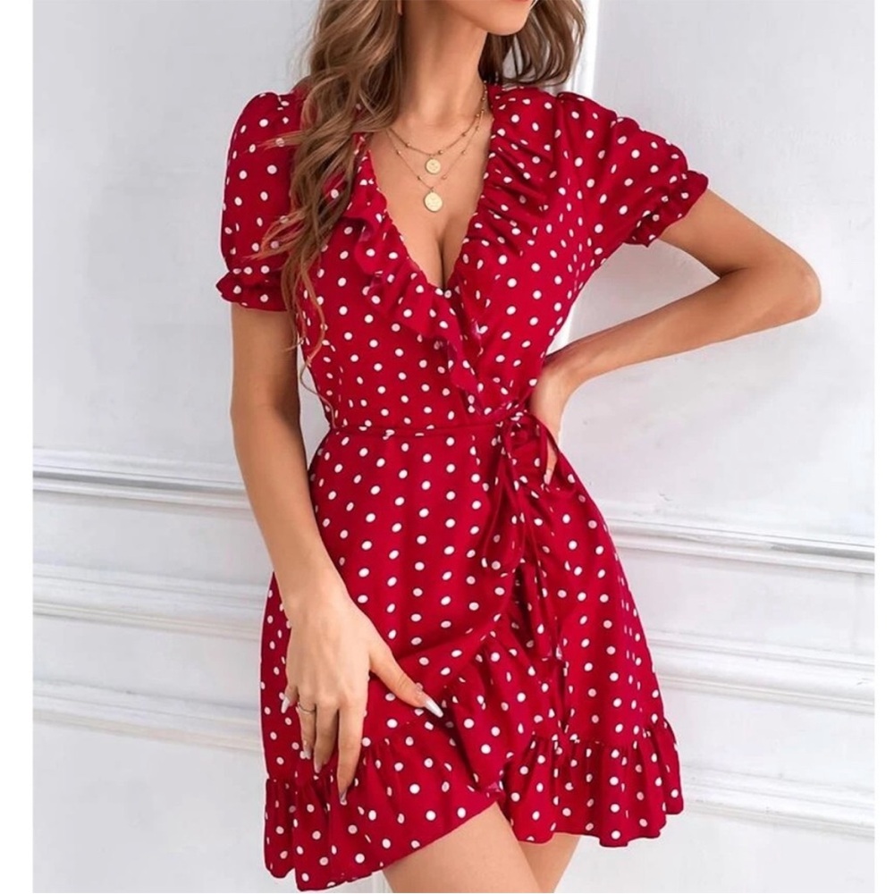 Red Mini Dress White Polka Dots Wrap, Ruffle Details Short Sleeve